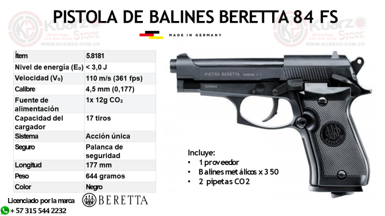 PISTOLA DE BALINES METALICOS BERETTA 84 FS