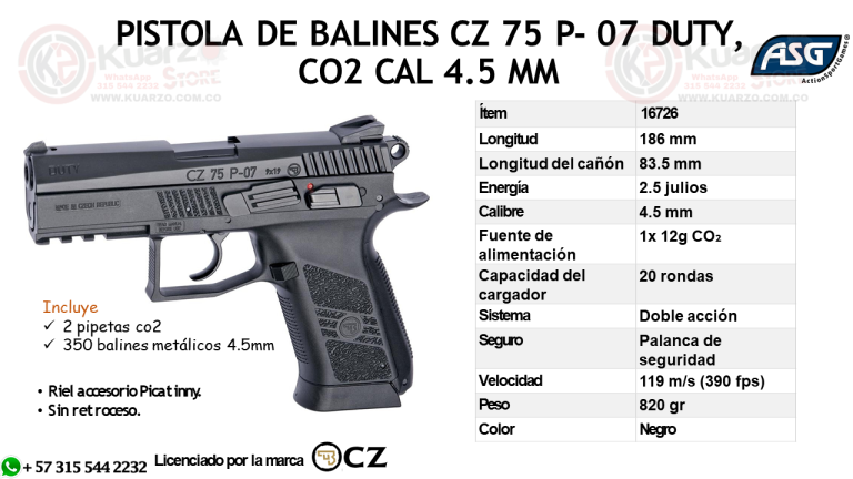 PISTOLA DE BALINES METALICOS CZ 75 P 07 DUTY C02 CAL 4.5MM