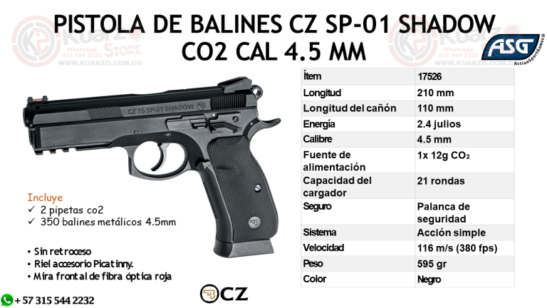 PISTOLA DE BALINES METALICOS CZ SP-01 SHADOW C02 CAL 4.5