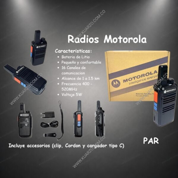 Radios de Comunicación Motorola Walkie Talkie PAR: Alcance 1.5km Canales 16 [Batería de Litio y Cargador C]